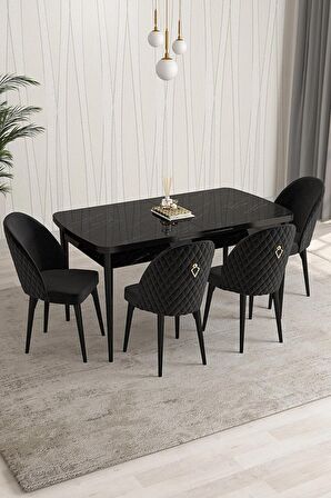 Rovena Modica Siyah Mermer 80x132 Açılabilir Suntalam Mutfak Masası Takımı 4 Adet Sandalye