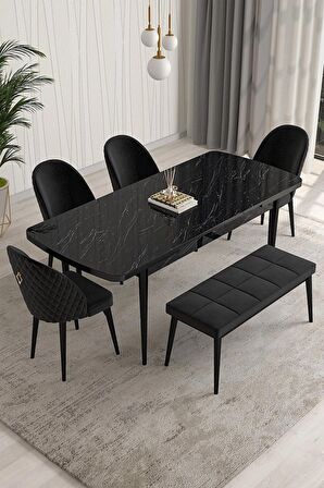 Rovena Modica Siyah Mermer 80x132 Açılabilir Suntalam Mutfak Masası Takımı 4 Adet Sandalye+1 Bench