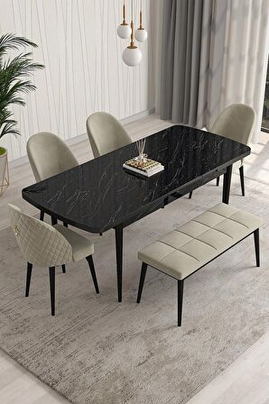 Rovena Modica Siyah Mermer 80x132 Açılabilir Suntalam Mutfak Masası Takımı 4 Adet Sandalye+1 Bench