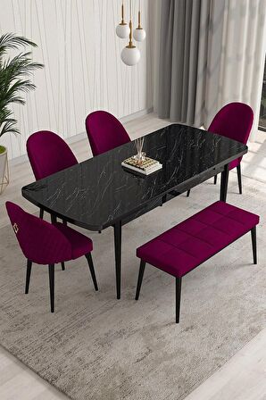 Rovena Modica Siyah Mermer 80x132 Açılabilir Suntalam Mutfak Masası Takımı 4 Adet Sandalye+1 Bench