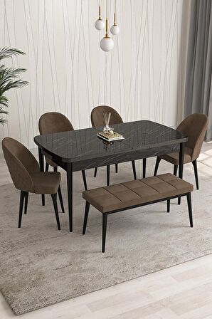 Rovena Modica Siyah Mermer 80x132 Açılabilir Suntalam Mutfak Masası Takımı 4 Adet Sandalye+1 Bench