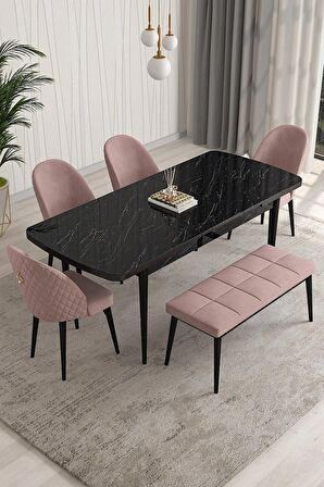 Rovena Modica Siyah Mermer 80x132 Açılabilir Suntalam Mutfak Masası Takımı 4 Adet Sandalye+1 Bench