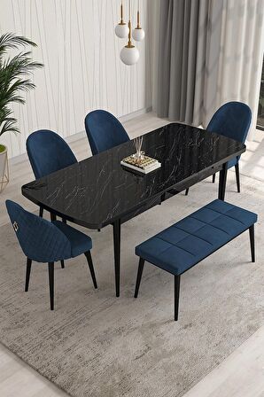 Rovena Modica Siyah Mermer 80x132 Açılabilir Suntalam Mutfak Masası Takımı 4 Adet Sandalye+1 Bench