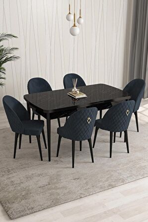 Rovena Modica Siyah Mermer 80x132 Açılabilir Suntalam Mutfak Masası Takımı 6 Adet Sandalye