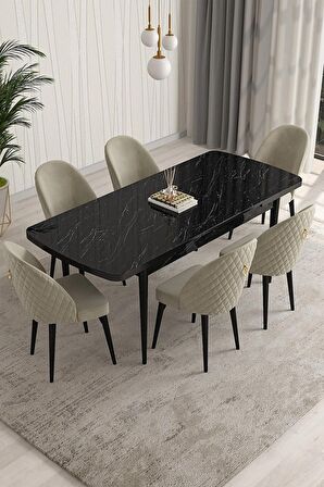 Rovena Modica Siyah Mermer 80x132 Açılabilir Suntalam Mutfak Masası Takımı 6 Adet Sandalye