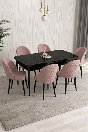 Rovena Modica Siyah Mermer 80x132 Açılabilir Suntalam Mutfak Masası Takımı 6 Adet Sandalye