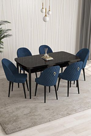 Rovena Modica Siyah Mermer 80x132 Açılabilir Suntalam Mutfak Masası Takımı 6 Adet Sandalye