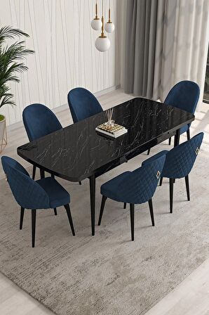 Rovena Modica Siyah Mermer 80x132 Açılabilir Suntalam Mutfak Masası Takımı 6 Adet Sandalye