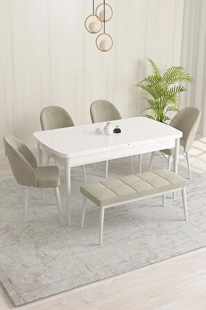 Rovena Olbia Beyaz 80x132 Açılabilir Suntalam Mutfak Masası Takımı 4 Adet Sandalye+1 Bench