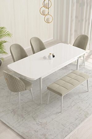 Rovena Olbia Beyaz 80x132 Açılabilir Suntalam Mutfak Masası Takımı 4 Adet Sandalye+1 Bench