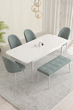 Rovena Olbia Beyaz 80x132 Açılabilir Suntalam Mutfak Masası Takımı 4 Adet Sandalye+1 Bench