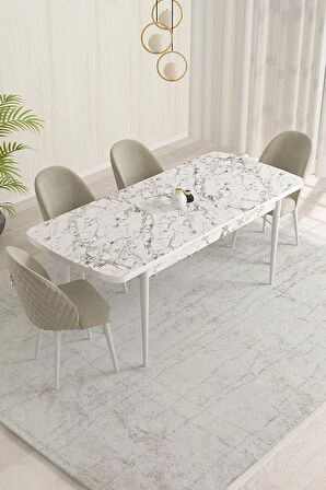 Rovena Olbia Beyaz Mermer 80x132 Açılabilir Suntalam Mutfak Masası Takımı 4 Adet Sandalye