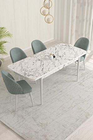 Rovena Olbia Beyaz Mermer 80x132 Açılabilir Suntalam Mutfak Masası Takımı 4 Adet Sandalye