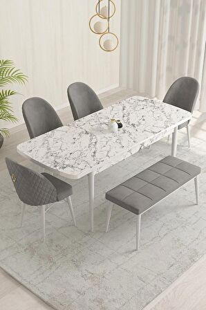 Rovena Olbia Beyaz Mermer 80x132 Açılabilir Suntalam Mutfak Masası Takımı 4 Adet Sandalye+1 Bench