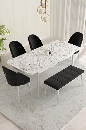 Rovena Olbia Beyaz Mermer 80x132 Açılabilir Suntalam Mutfak Masası Takımı 4 Adet Sandalye+1 Bench