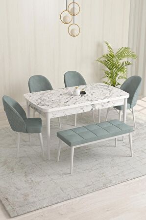 Rovena Olbia Beyaz Mermer 80x132 Açılabilir Suntalam Mutfak Masası Takımı 4 Adet Sandalye+1 Bench
