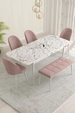 Rovena Olbia Beyaz Mermer 80x132 Açılabilir Suntalam Mutfak Masası Takımı 4 Adet Sandalye+1 Bench