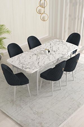 Rovena Olbia Beyaz Mermer 80x132 Açılabilir Suntalam Mutfak Masası Takımı 6 Adet Sandalye