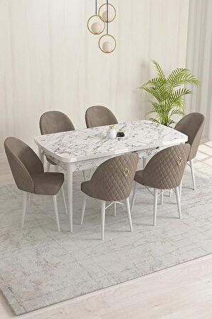 Rovena Olbia Beyaz Mermer 80x132 Açılabilir Suntalam Mutfak Masası Takımı 6 Adet Sandalye