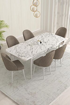 Rovena Olbia Beyaz Mermer 80x132 Açılabilir Suntalam Mutfak Masası Takımı 6 Adet Sandalye