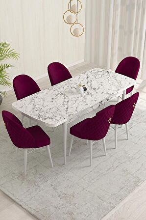 Rovena Olbia Beyaz Mermer 80x132 Açılabilir Suntalam Mutfak Masası Takımı 6 Adet Sandalye
