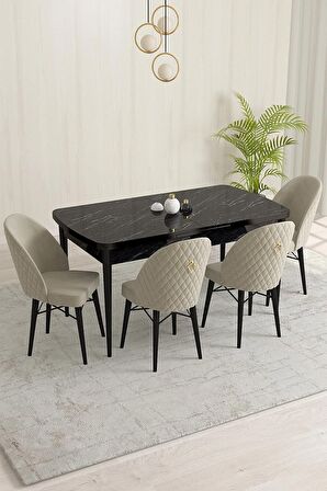 Rovena Olbia Siyah Mermer 80x132 Açılabilir Suntalam Mutfak Masası Takımı 4 Adet Sandalye