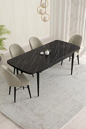 Rovena Olbia Siyah Mermer 80x132 Açılabilir Suntalam Mutfak Masası Takımı 4 Adet Sandalye