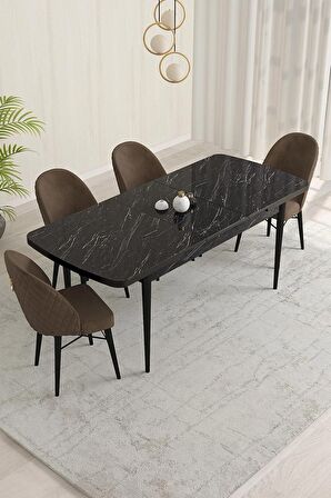 Rovena Olbia Siyah Mermer 80x132 Açılabilir Suntalam Mutfak Masası Takımı 4 Adet Sandalye