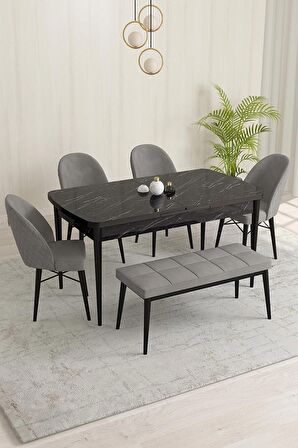 Rovena Olbia Siyah Mermer 80x132 Açılabilir Suntalam Mutfak Masası Takımı 4 Adet Sandalye+1 Bench