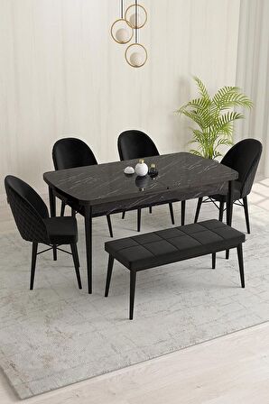 Rovena Olbia Siyah Mermer 80x132 Açılabilir Suntalam Mutfak Masası Takımı 4 Adet Sandalye+1 Bench