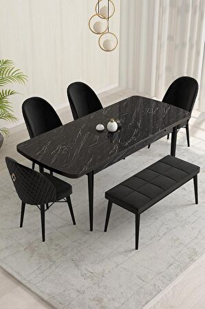 Rovena Olbia Siyah Mermer 80x132 Açılabilir Suntalam Mutfak Masası Takımı 4 Adet Sandalye+1 Bench
