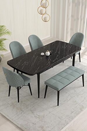 Rovena Olbia Siyah Mermer 80x132 Açılabilir Suntalam Mutfak Masası Takımı 4 Adet Sandalye+1 Bench