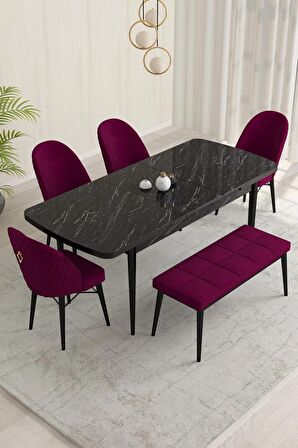 Rovena Olbia Siyah Mermer 80x132 Açılabilir Suntalam Mutfak Masası Takımı 4 Adet Sandalye+1 Bench