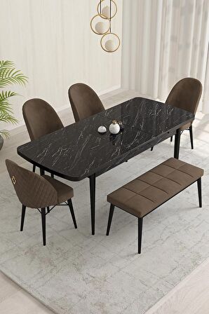 Rovena Olbia Siyah Mermer 80x132 Açılabilir Suntalam Mutfak Masası Takımı 4 Adet Sandalye+1 Bench