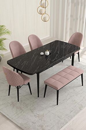 Rovena Olbia Siyah Mermer 80x132 Açılabilir Suntalam Mutfak Masası Takımı 4 Adet Sandalye+1 Bench