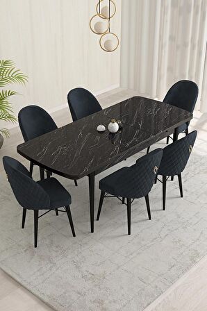 Rovena Olbia Siyah Mermer 80x132 Açılabilir Suntalam Mutfak Masası Takımı 6 Adet Sandalye