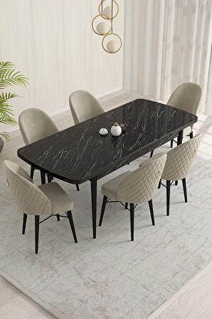 Rovena Olbia Siyah Mermer 80x132 Açılabilir Suntalam Mutfak Masası Takımı 6 Adet Sandalye