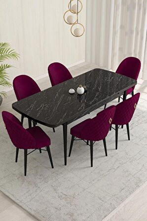 Rovena Olbia Siyah Mermer 80x132 Açılabilir Suntalam Mutfak Masası Takımı 6 Adet Sandalye