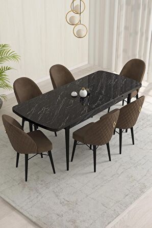 Rovena Olbia Siyah Mermer 80x132 Açılabilir Suntalam Mutfak Masası Takımı 6 Adet Sandalye