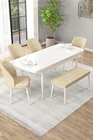 Rovena Novana Beyaz 80x132 Açılabilir Suntalam Mutfak Masası Takımı 4 Adet Sandalye + 1 Bench