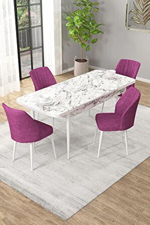 Rovena Novana Beyaz Mermer 80x132 Açılabilir Suntalam Mutfak Masası Takımı 4 Adet Sandalye