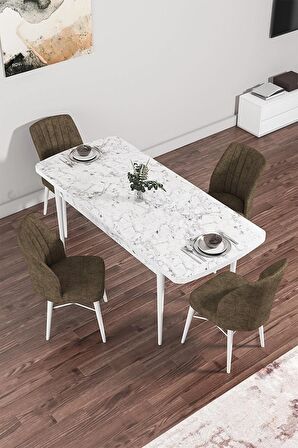 Rovena Novana Beyaz Mermer 80x132 Açılabilir Suntalam Mutfak Masası Takımı 4 Adet Sandalye
