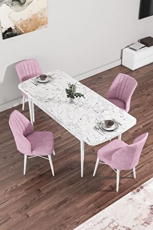 Rovena Novana Beyaz Mermer 80x132 Açılabilir Suntalam Mutfak Masası Takımı 4 Adet Sandalye