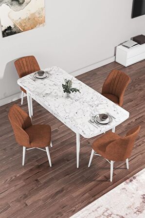 Rovena Novana Beyaz Mermer 80x132 Açılabilir Suntalam Mutfak Masası Takımı 4 Adet Sandalye