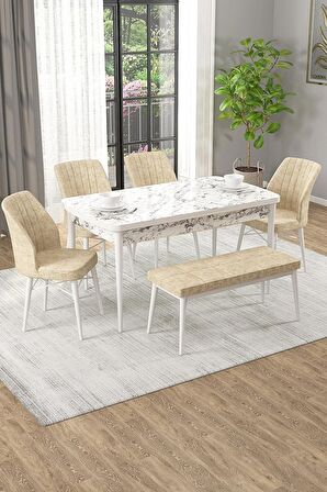 Rovena Novana Beyaz Mermer 80x132 Açılabilir Suntalam Mutfak Masası Takımı 4 Adet Sandalye + 1 Bench