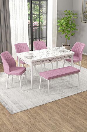 Rovena Novana Beyaz Mermer 80x132 Açılabilir Suntalam Mutfak Masası Takımı 4 Adet Sandalye + 1 Bench