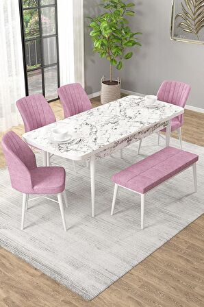 Rovena Novana Beyaz Mermer 80x132 Açılabilir Suntalam Mutfak Masası Takımı 4 Adet Sandalye + 1 Bench