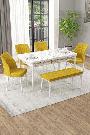 Rovena Novana Beyaz Mermer 80x132 Açılabilir Suntalam Mutfak Masası Takımı 4 Adet Sandalye + 1 Bench