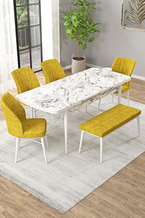 Rovena Novana Beyaz Mermer 80x132 Açılabilir Suntalam Mutfak Masası Takımı 4 Adet Sandalye + 1 Bench