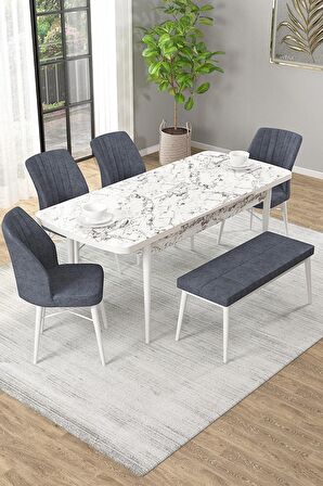 Rovena Novana Beyaz Mermer 80x132 Açılabilir Suntalam Mutfak Masası Takımı 4 Adet Sandalye + 1 Bench